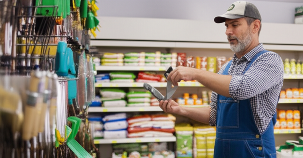 Store owner helping farmer customer